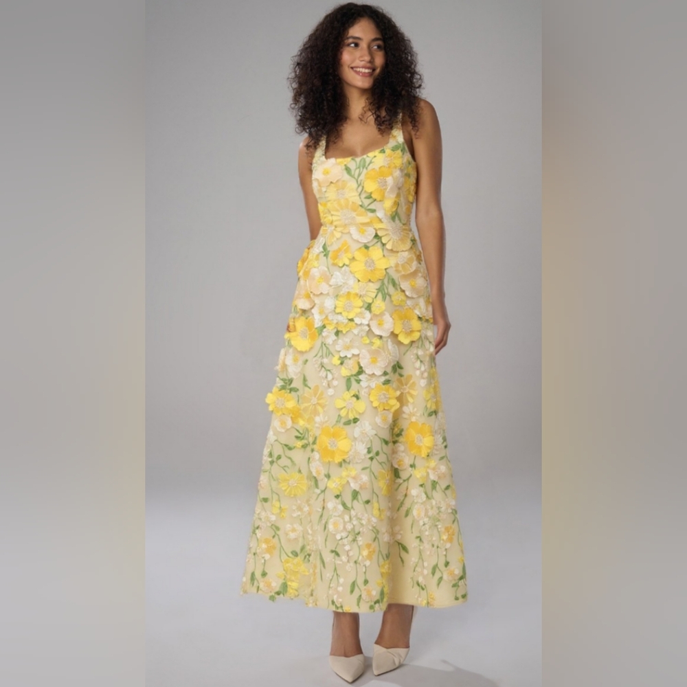 AW Bridal: 3D Yellow Floral Dress with halter style size 16, worn once.